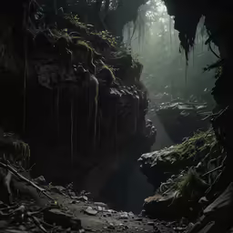 an empty cave with a light coming through the rocks