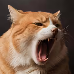 an orange cat showing its teeth and mouth