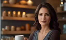 a young woman holding a white mug
