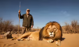 an old man is holding a walking stick while a large lion lies on the ground