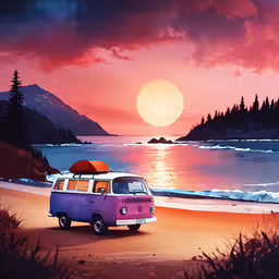 this is an illustration of a vw van going down the beach at sunset,the van is parked on the beach near the ocean