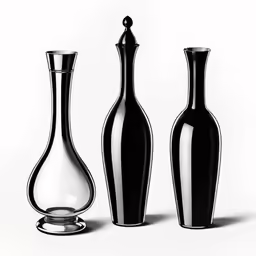 three black and white vases with a silver stand
