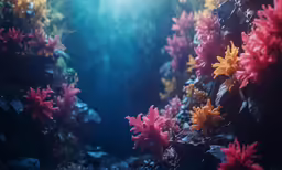 underwater scene of colorful water plants on rocks
