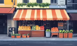 a farmers market with fresh produce outside in front of a building