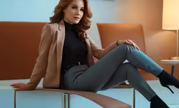 a woman wearing pants and jacket sitting on a chair