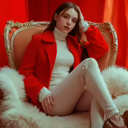 a woman is posing for the camera while sitting on a gold trimmed chair