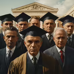 a group of men standing outside of a court house