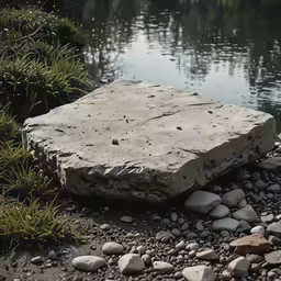 some rocks in the dirt near water