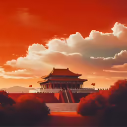 a painting of the forbidden city of xi an in a sunset