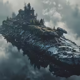 a computer generated 3d scene shows a giant alien island surrounded by trees
