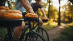 a man riding a bicycle down a forest road