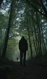 a man walking down a forest path with his dog