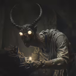 a man with a horned mask and some torches