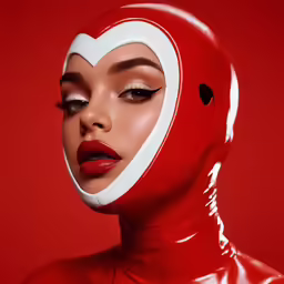 the lady in a red latex outfit is staring at something