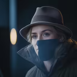 woman with hat and black mask in front of dark background