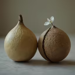 two whole pomegranates on a gray surface