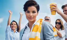 a young woman holding a yellow drink is surrounded by several other people