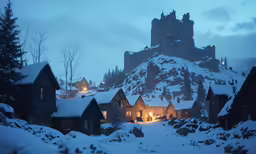 a castle on top of a snowy mountain at night