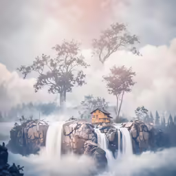 a painting of a waterfall and house in the clouds