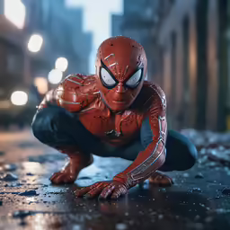 a spider man on a city street at night