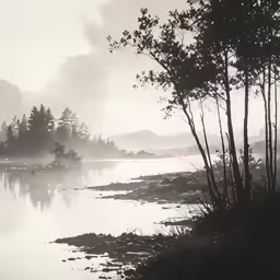 a view of a foggy lake surrounded by trees