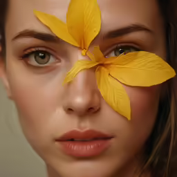 a young woman has a yellow flower on her cheek