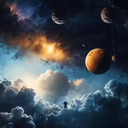 the image is of a fantasy scene with the moon and sun above some clouds