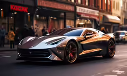 a sports car drives down a city street