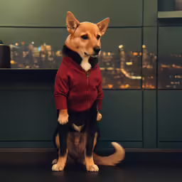 the dog wearing the hoodie looks up at the camera