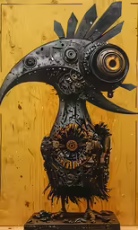 a bird that is on a table with a clock