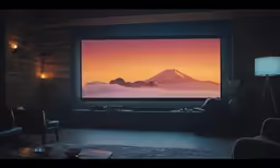 the view of a mountain in the distance from inside the living room