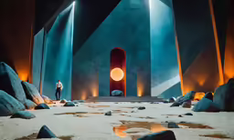 the man is standing in a dimly lit area next to a red door