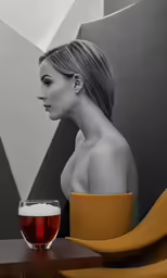 a lady sitting at a table in front of a wine glass