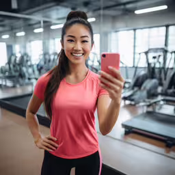 the woman is using her cell phone in the gym,a woman takes a selfie in a gym
