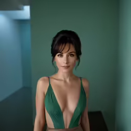 a woman in a dress with very big breasts poses for a portrait
