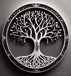 a black and white photo of a tree on a plate,a clock that is made to look like a tree
