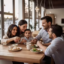 a man and woman sitting at a table with two boys and their dinner