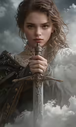 girl in dark clothing with sword on cloudy day