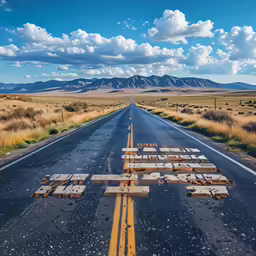 an empty road is surrounded by broken wood crates