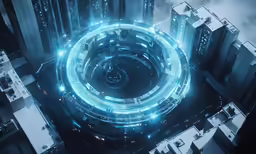 an abstract image of a circular structure surrounded by tall buildings