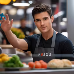 a man in an apron is holding something up