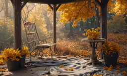 a bench and a table with flowers on it in the forest