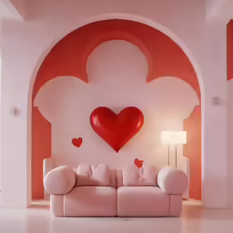 a large white couch in front of an orange and red wall