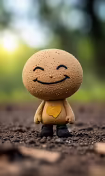a small stuffed toy with a smiley face sitting in dirt