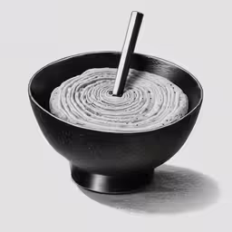 a black bowl with white designs on it and a stick in the middle