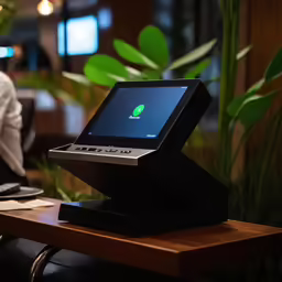 the person sits down on their computer, holding a tablet