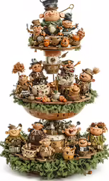 a three tiered shelf has cartoon characters stacked on top of it