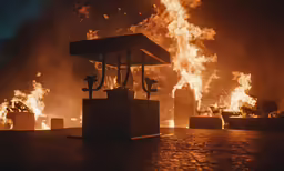 flames are spreading out over a building in the night