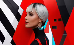 a woman with short white hair and bright blue earrings