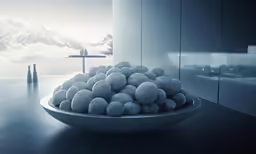 a bowl of spheres is sitting in a room